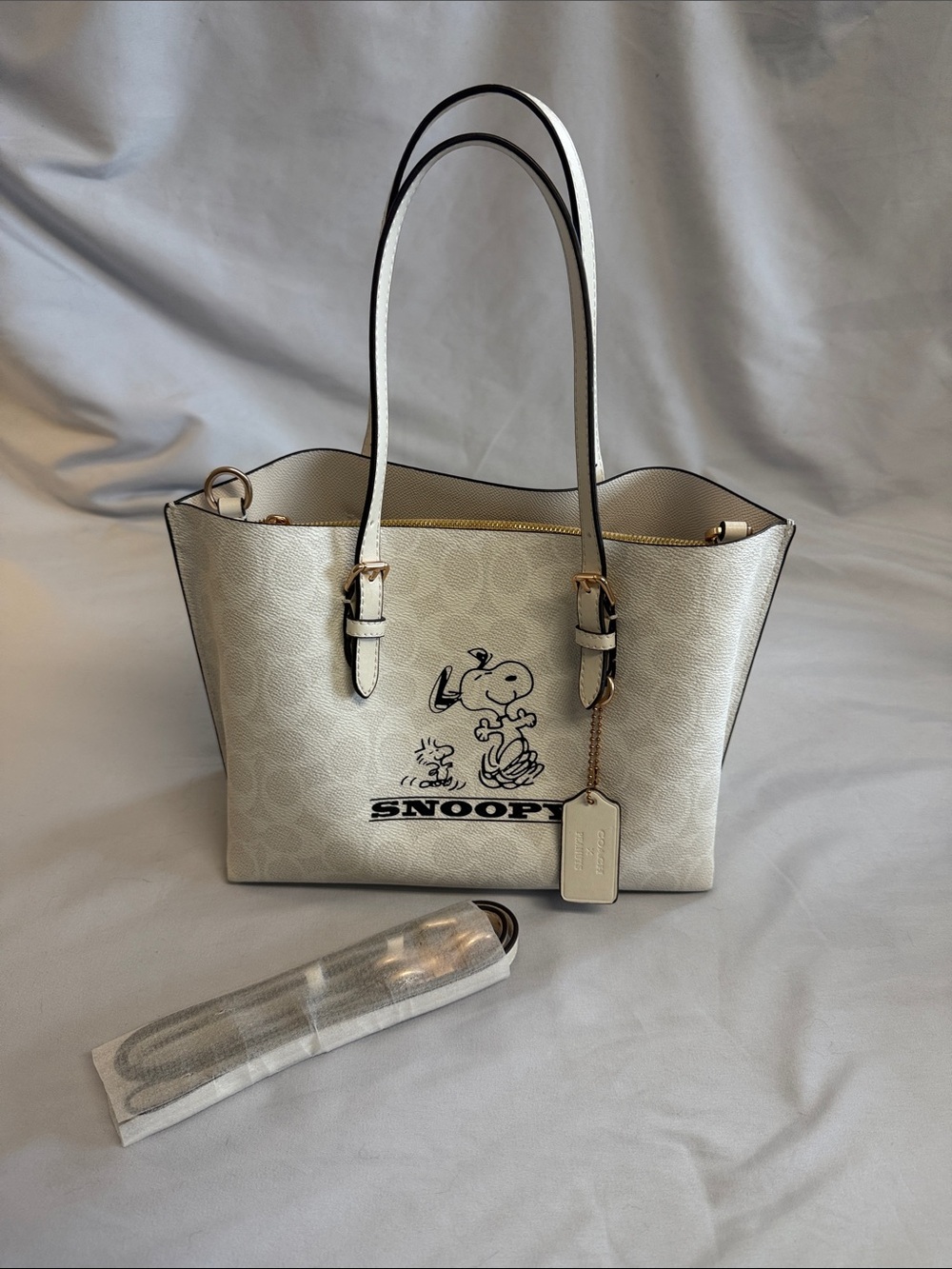 Coach NWOT Chalk Snoopy Print Leather Tote with Black Trim
